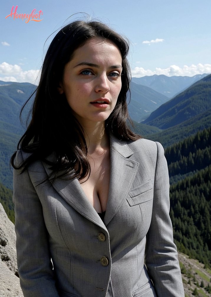 The image features a woman standing outdoors with a backdrop of a mountainous landscape. She is dressed in a tailored grey blazer with a deep V-neckline, revealing a hint of a bla…