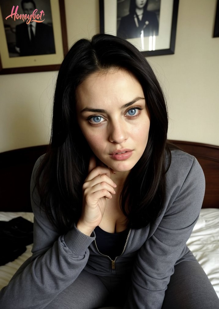 The image depicts a young woman with striking blue eyes and dark hair, seated on a bed in a room that suggests a personal space, possibly a bedroom. She is dressed in a casual gre…