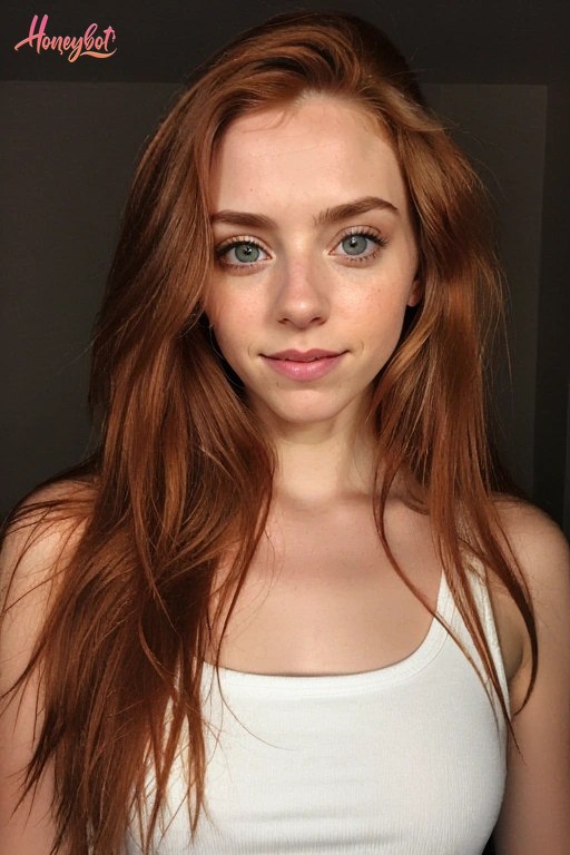 A young woman with long, wavy red hair and green eyes is shown from the chest up. She is wearing a white tank top and has a neutral facial expression while looking directly at the…