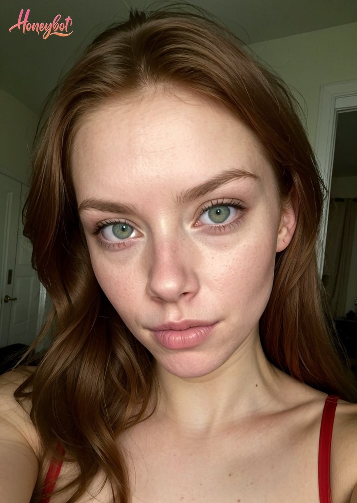 A woman with long, wavy red hair and green eyes is looking directly at the camera. She has freckles on her face and is wearing a red top with thin straps. Her face is visible, sho…